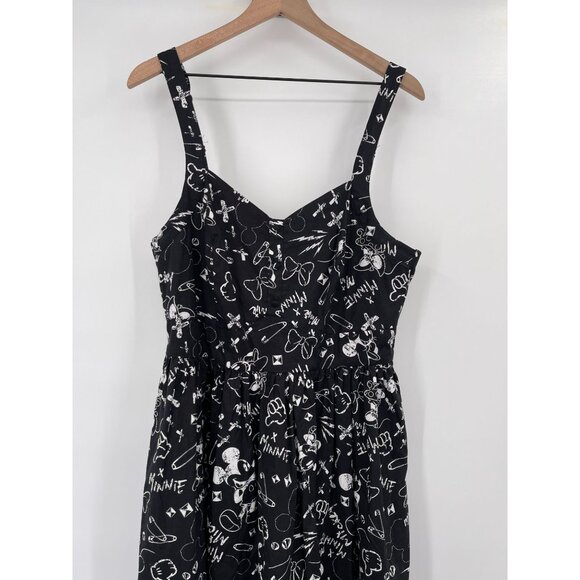 Disney Minnie & Mickey Mouse Print Sleeveless Dress Women 16 Black White Fit Fla - Picture 2 of 13